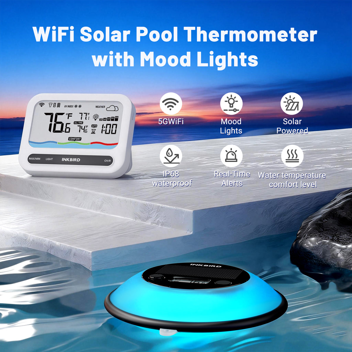 Thermomètre solaire pour piscine IBS-P05R avec lumière ambiante