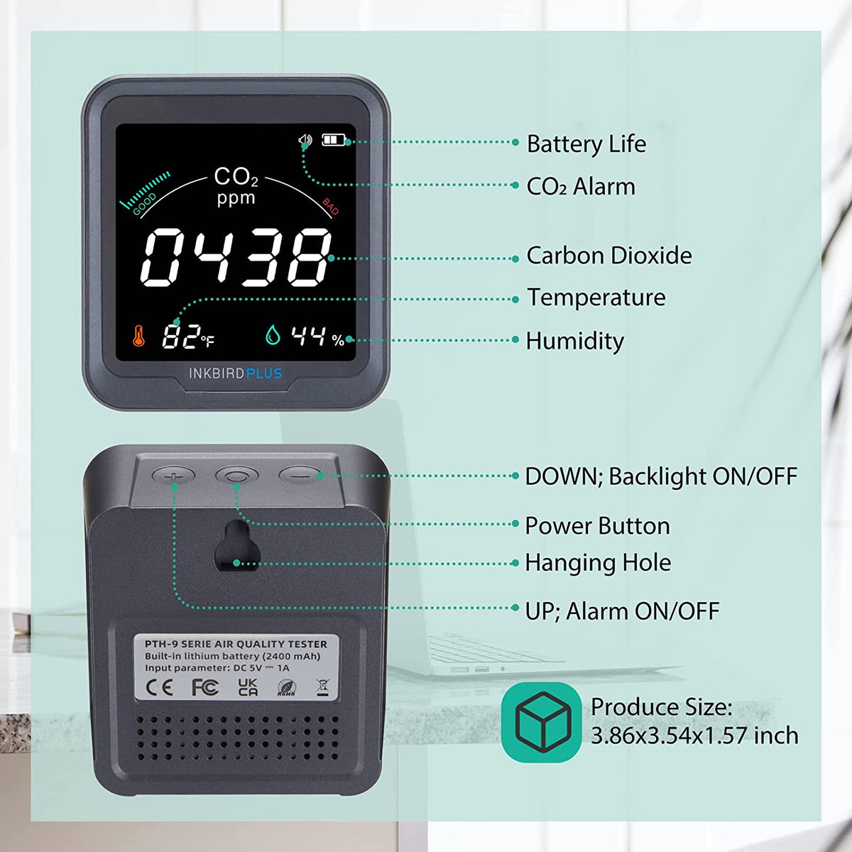 Digital 3 - in - 1 CO2 Detector PTH - 9C - INKBIRD