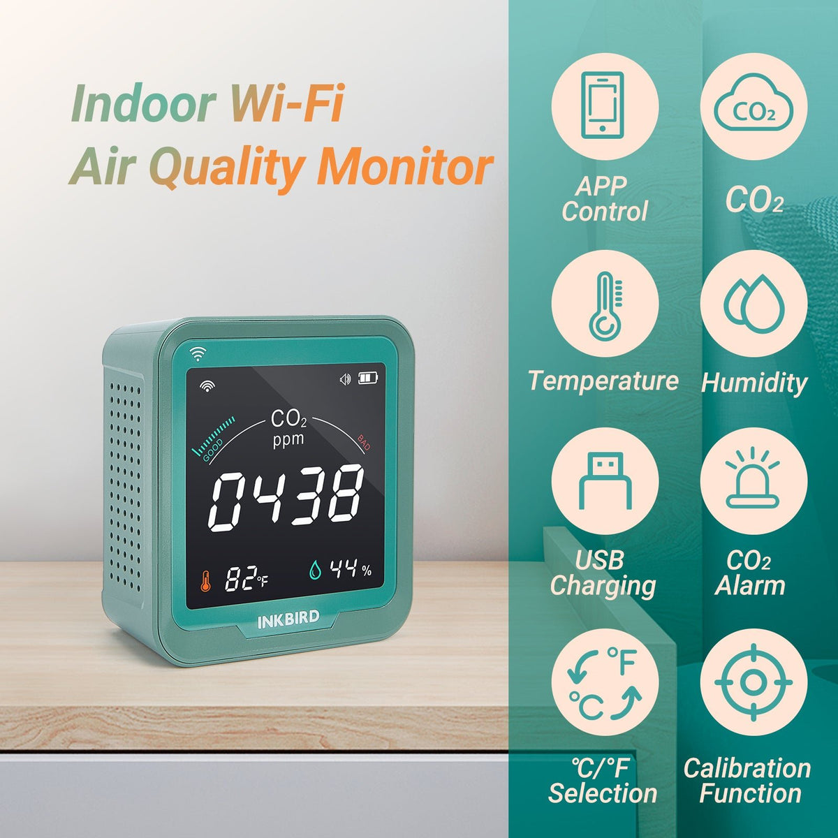 Wireless 3 - in - 1 CO2 Detector INK - CO2W - INKBIRD