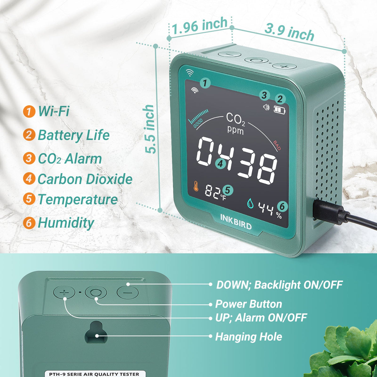 Wireless 3 - in - 1 CO2 Detector INK - CO2W - INKBIRD