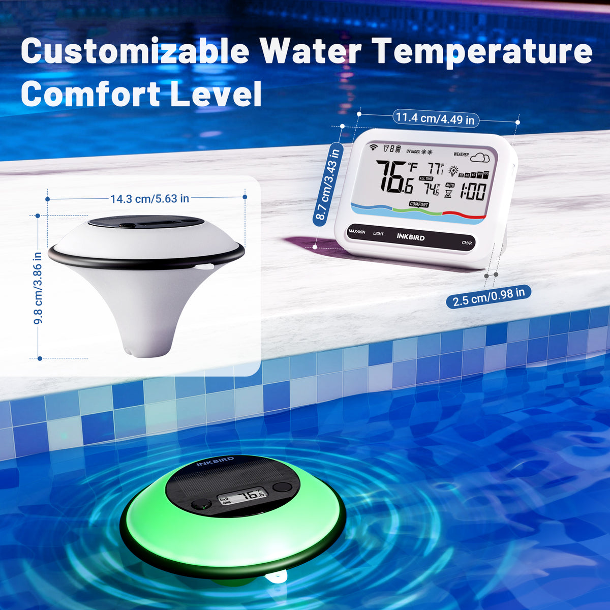 Thermomètre solaire pour piscine IBS-P05R avec lumière ambiante